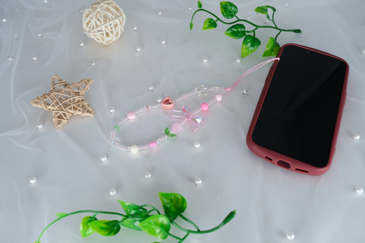 Pink Bow Tie Beaded Phone Strap