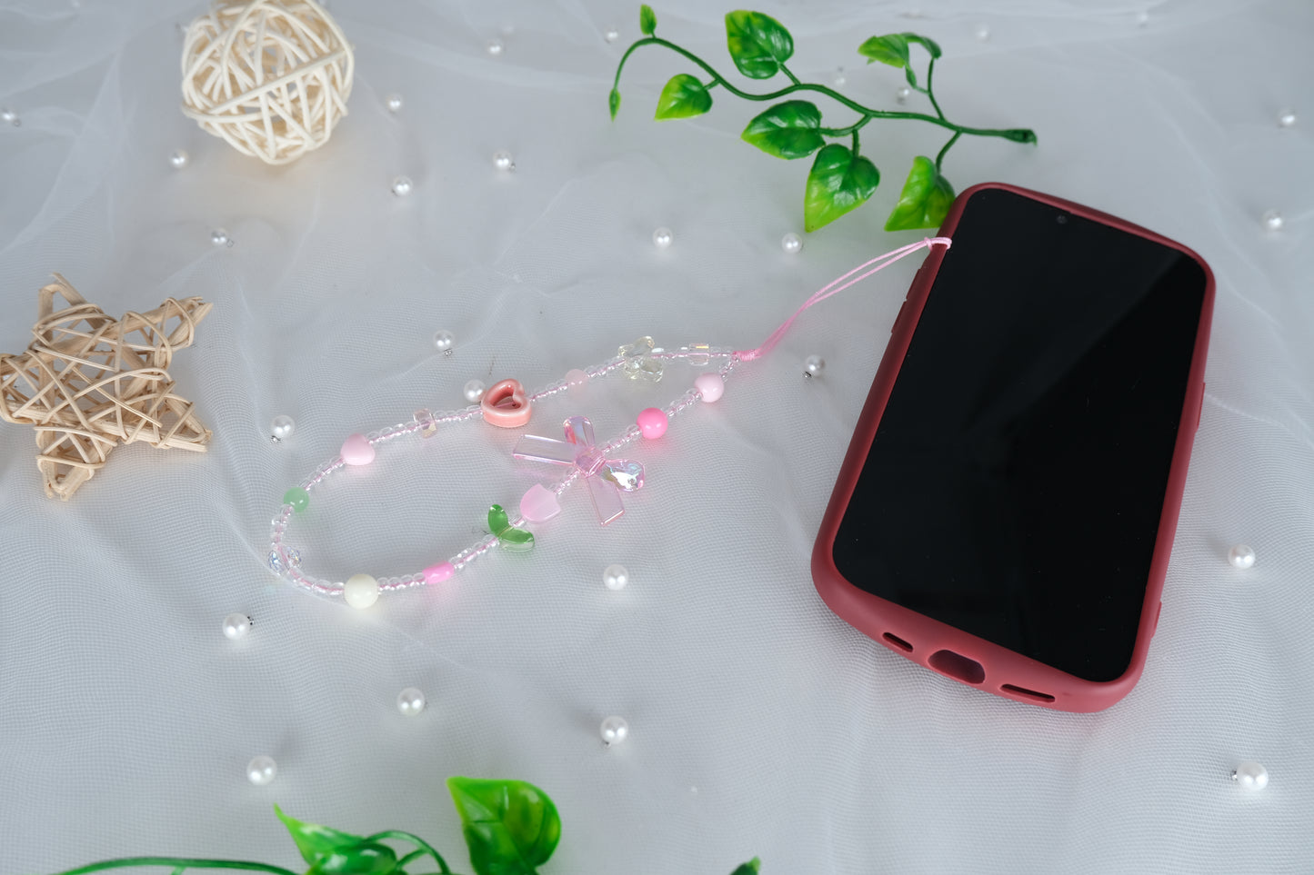 Pink Bow Tie Beaded Phone Strap