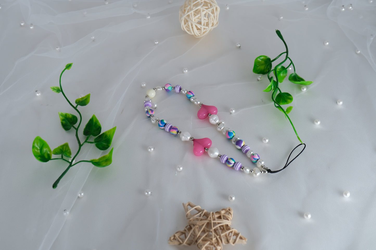 Handmade Heart Beads & Pearl Phone Charm
