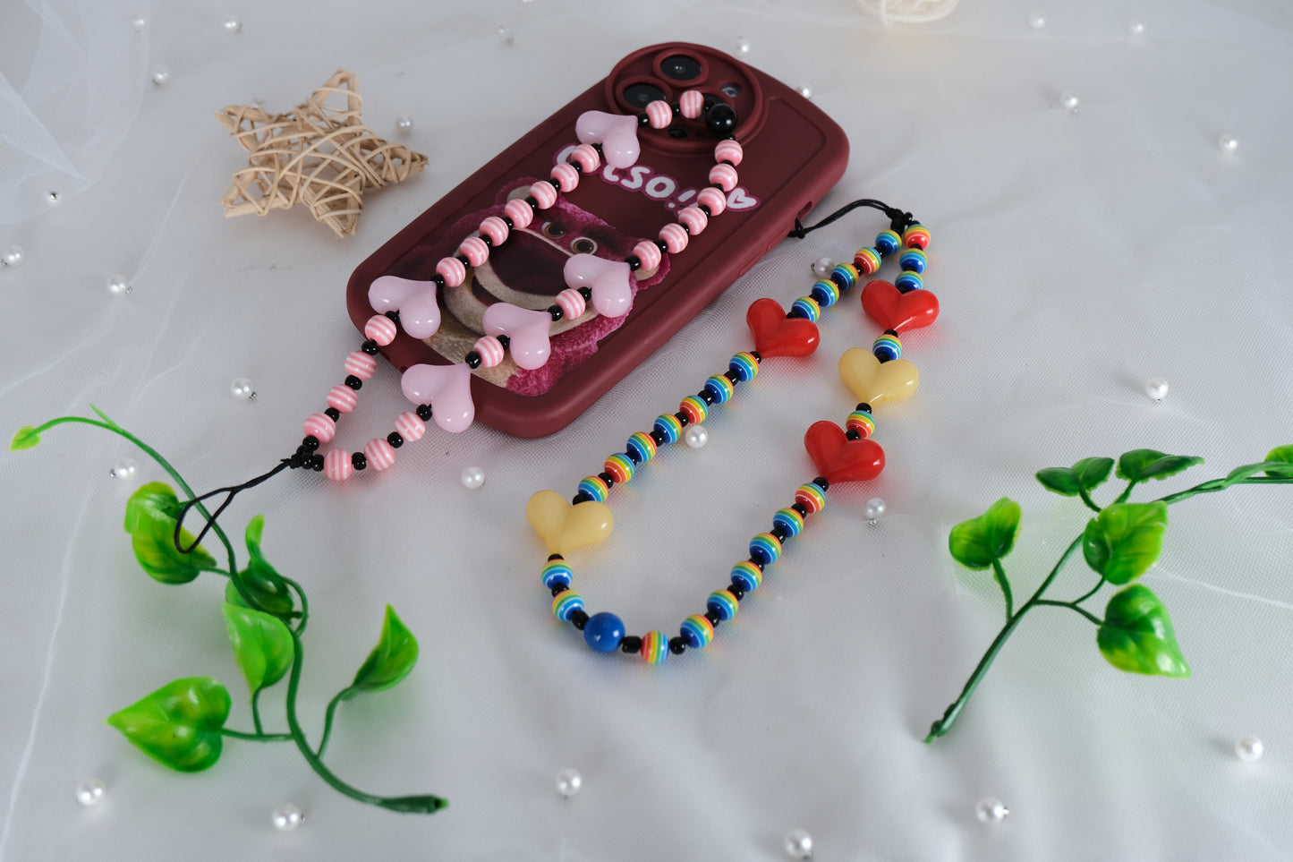 Red Pink Heart Beads Phone Charm Strap Phone Lanyard