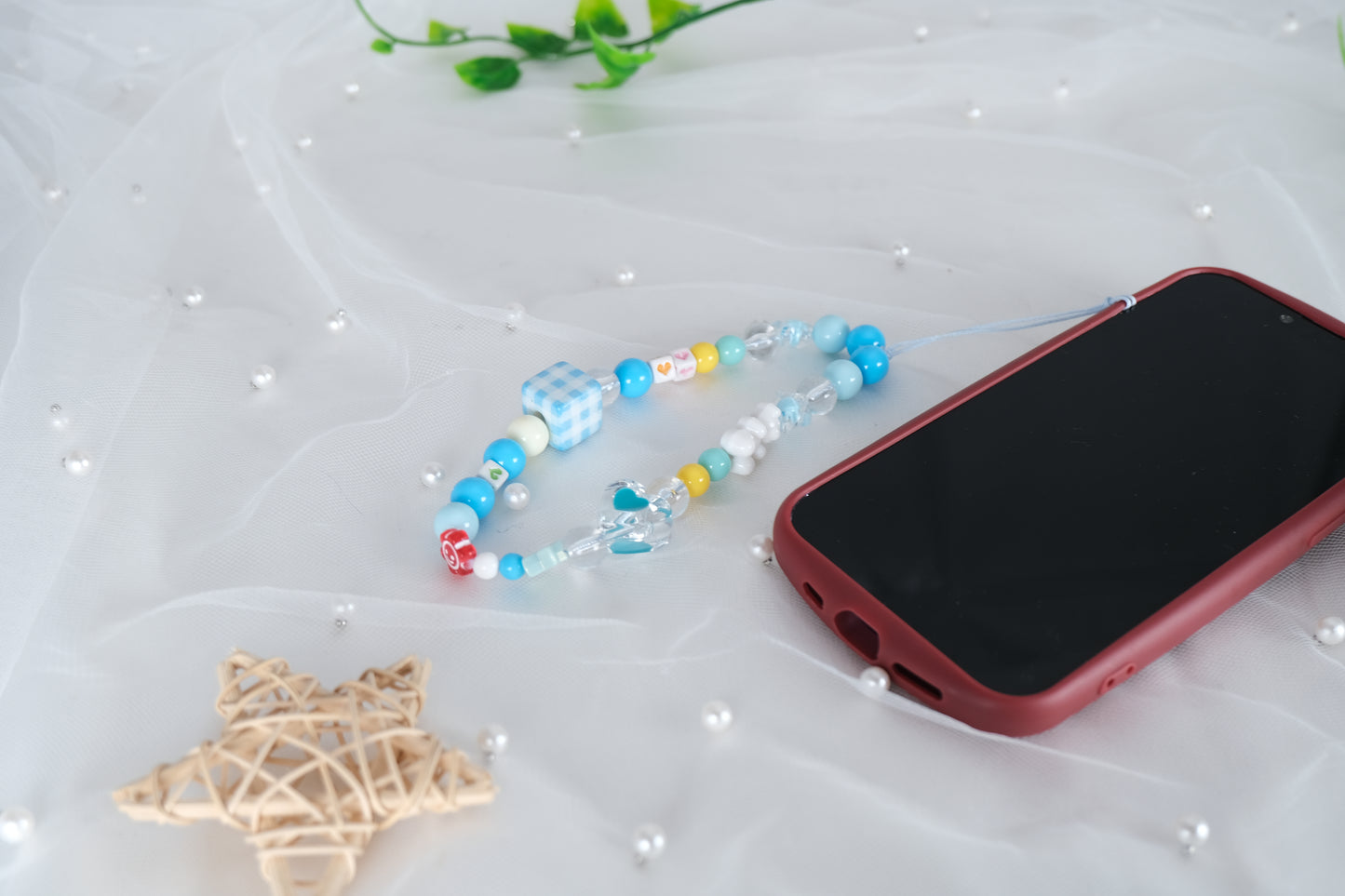 Kawaii Heart Blue Beaded Phone Charm