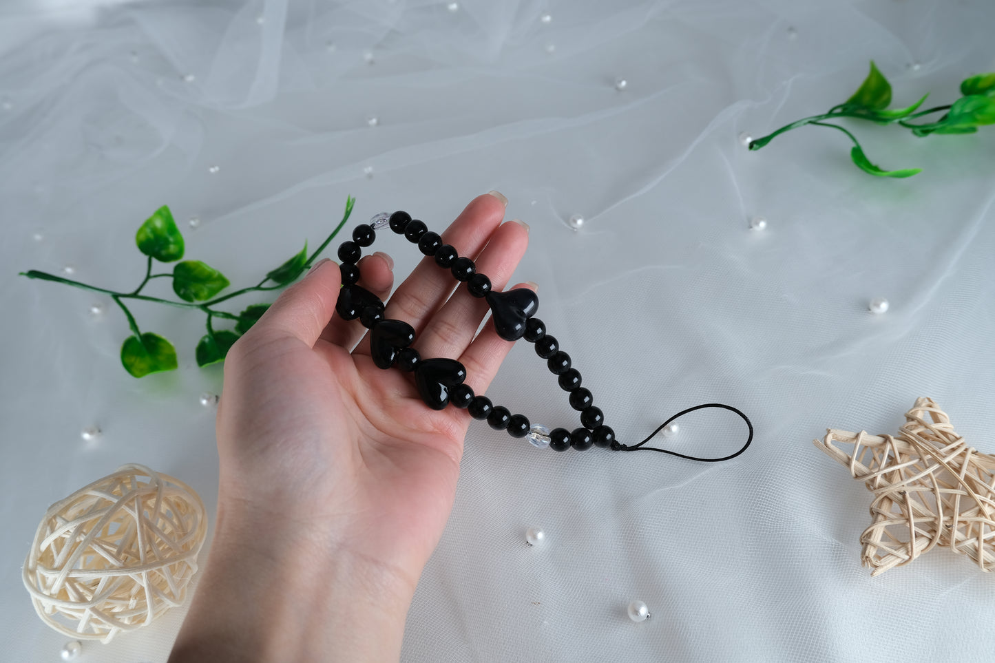 Handmade Black Heart Beaded Phone Charm