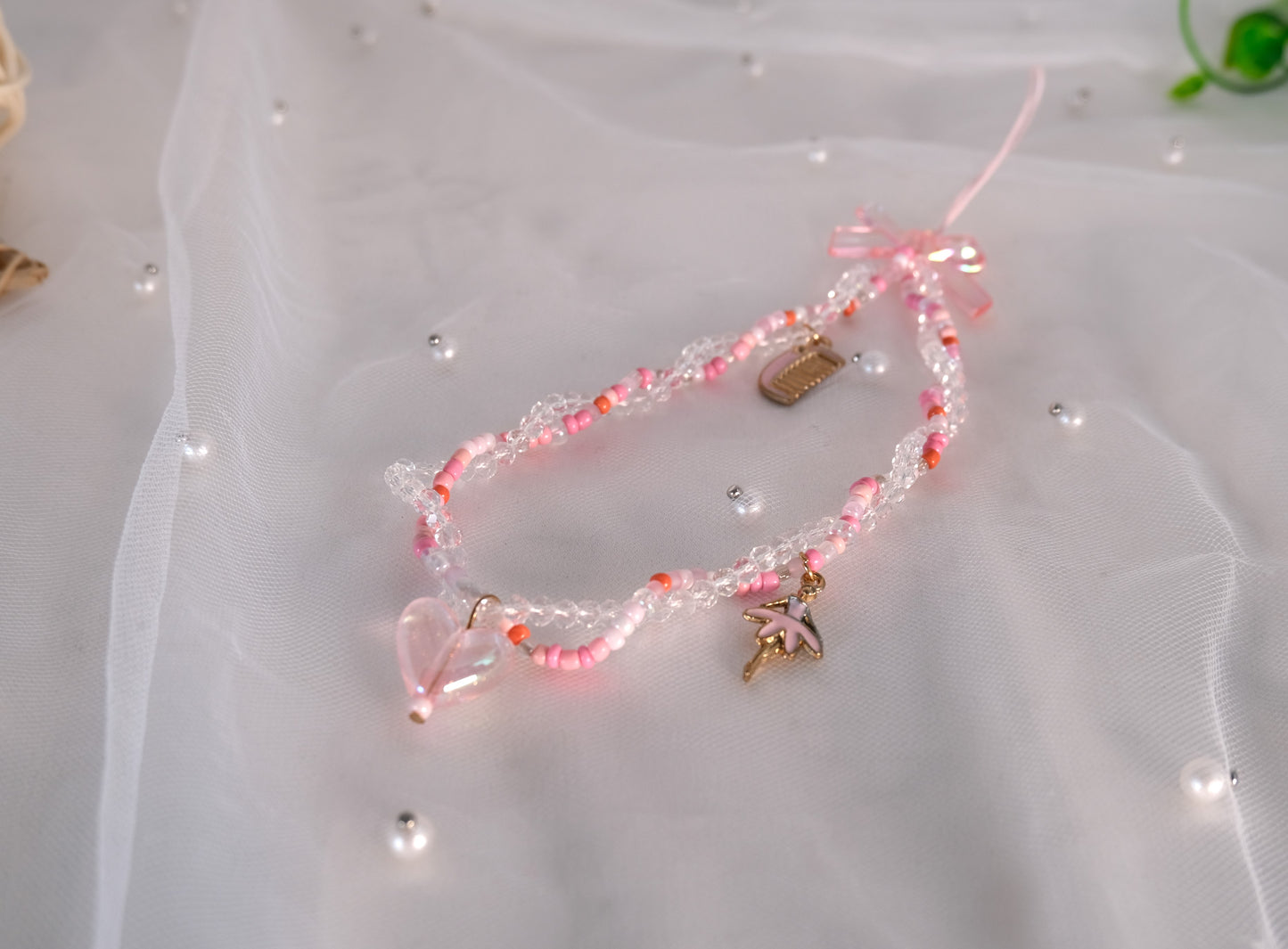 Handmade Elegant Pink Beaded Phone Strap with Pink Charm