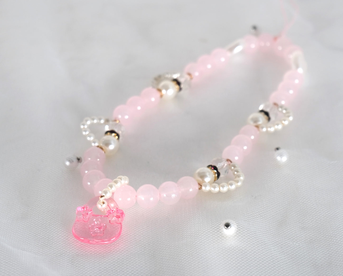 Handmade Elegant Pink Beaded Phone Strap with Charm