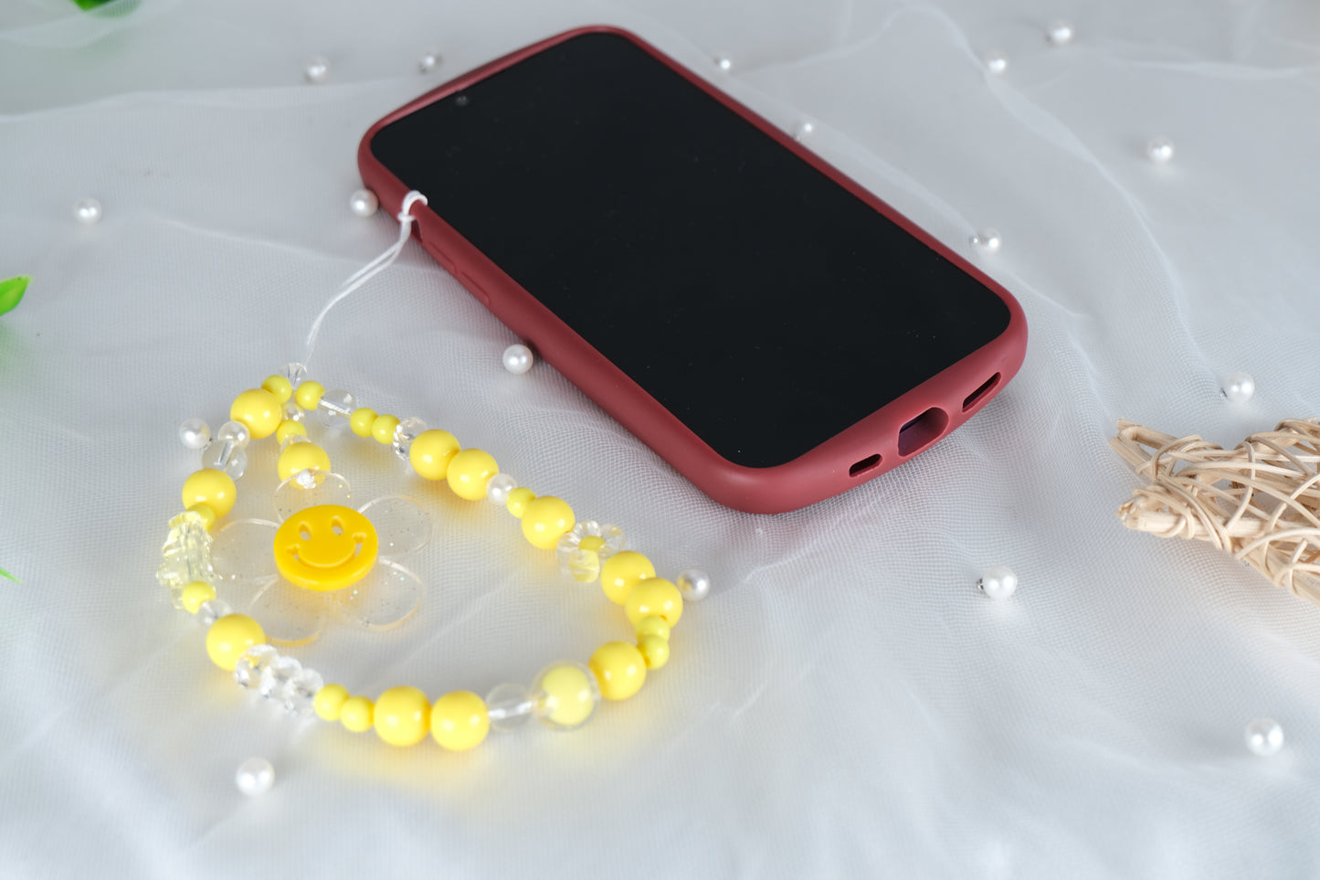 Handmade Yellow Smile Beaded Phone Strap